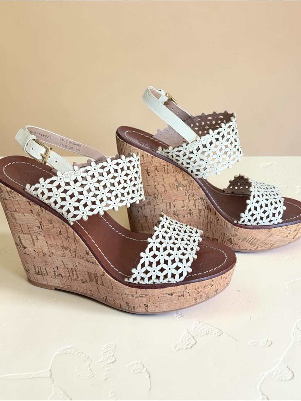 Tory Burch platform wedge sandal: White Floral Cutout Cork Wedge Sandals - Women